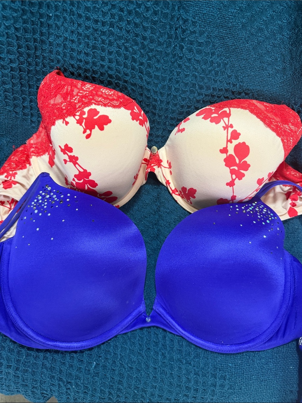Victoria's Secret Red Floral & Royal Blue Embellished Push-Up Bras